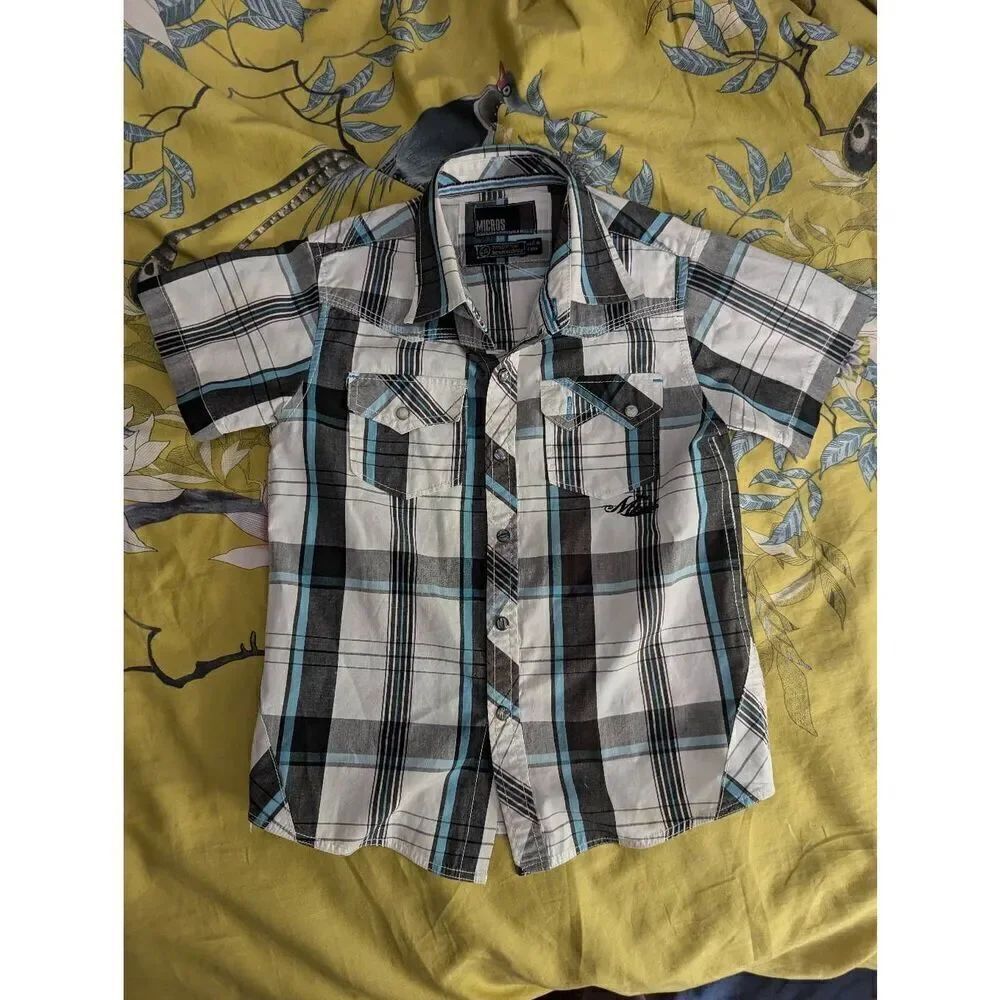 Vintage Y2K Micros boys Large Grey Short Sleeve Casual Button Down Shirt